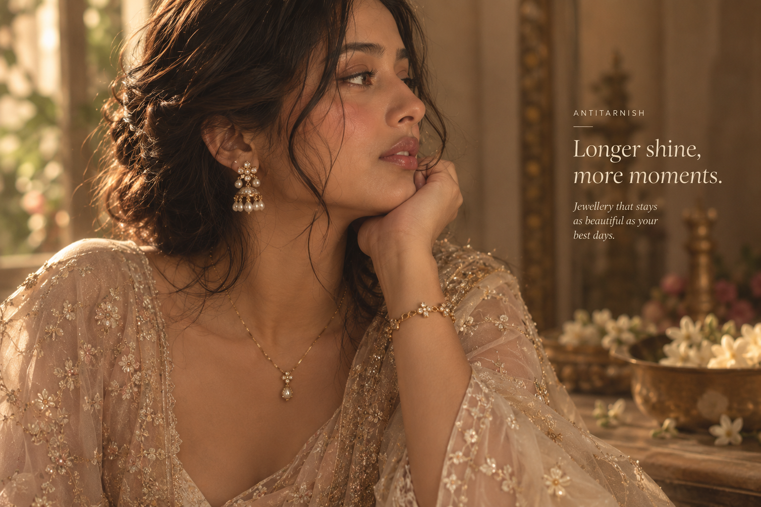 Anti-tarnish jewellery editorial featuring a model wearing gold-tone and pearl jewellery