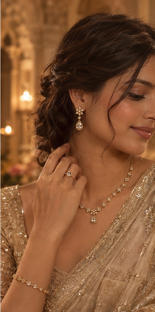 Editorial portrait showcasing delicate gold-tone and pearl jewellery, chosen for the TAVISH & CO. story page